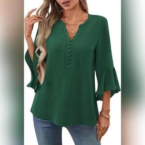 NWT LOMON V Neck 3/4 Ruffle Sleeve Dress Blouse, Green, Medium